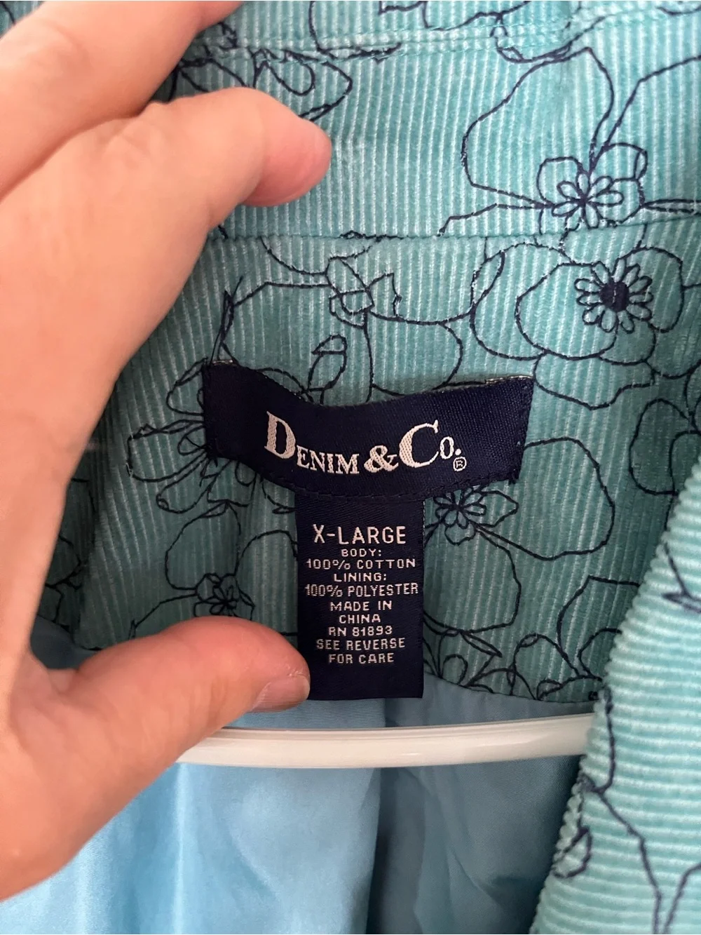 Denim & Co  XL Teal Floral Corduroy Button Down Lined  Jacket